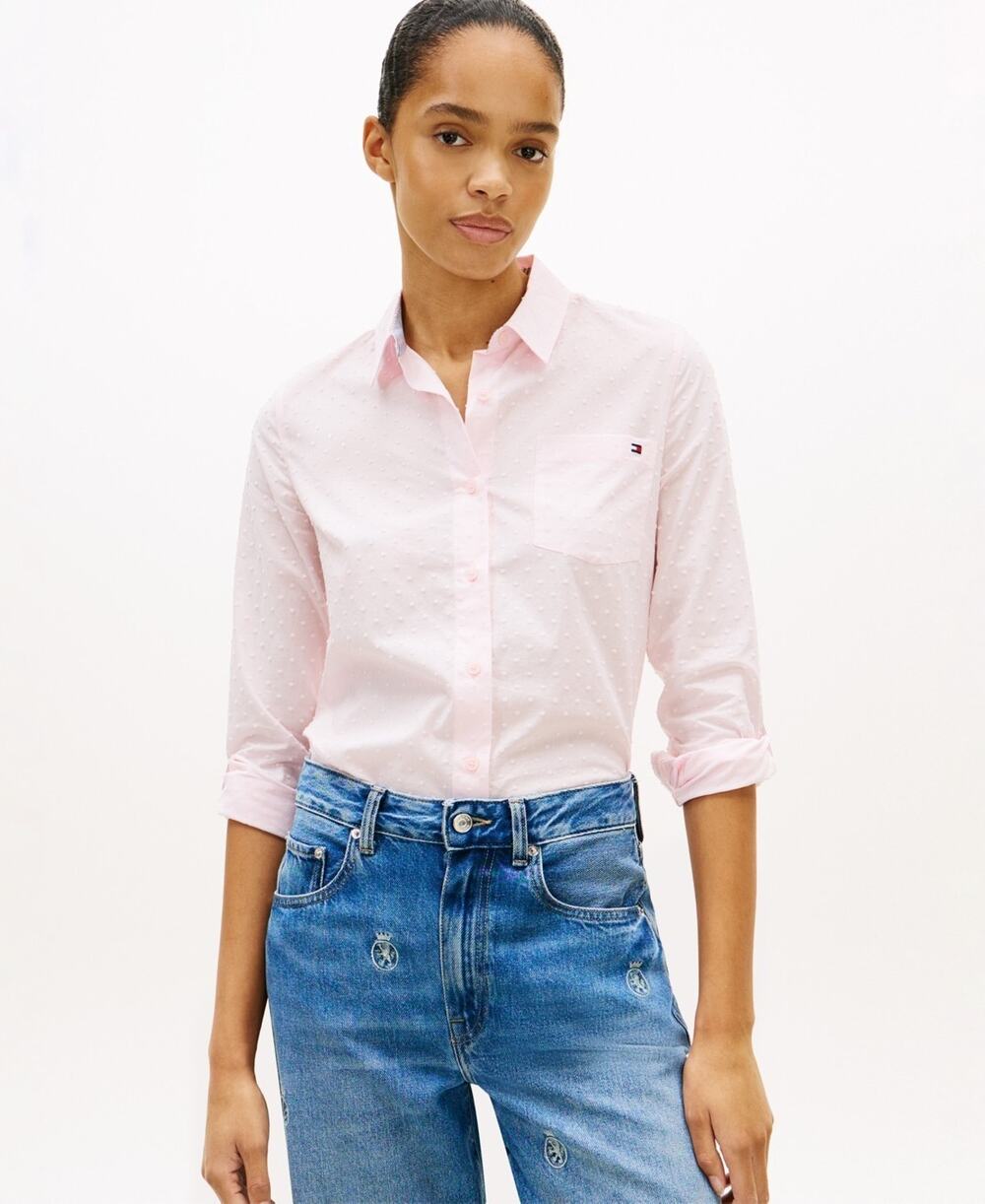 Tommy Hilfiger Women's Printed Button-Front Roll-Tab Shirt Pink Size M 3361